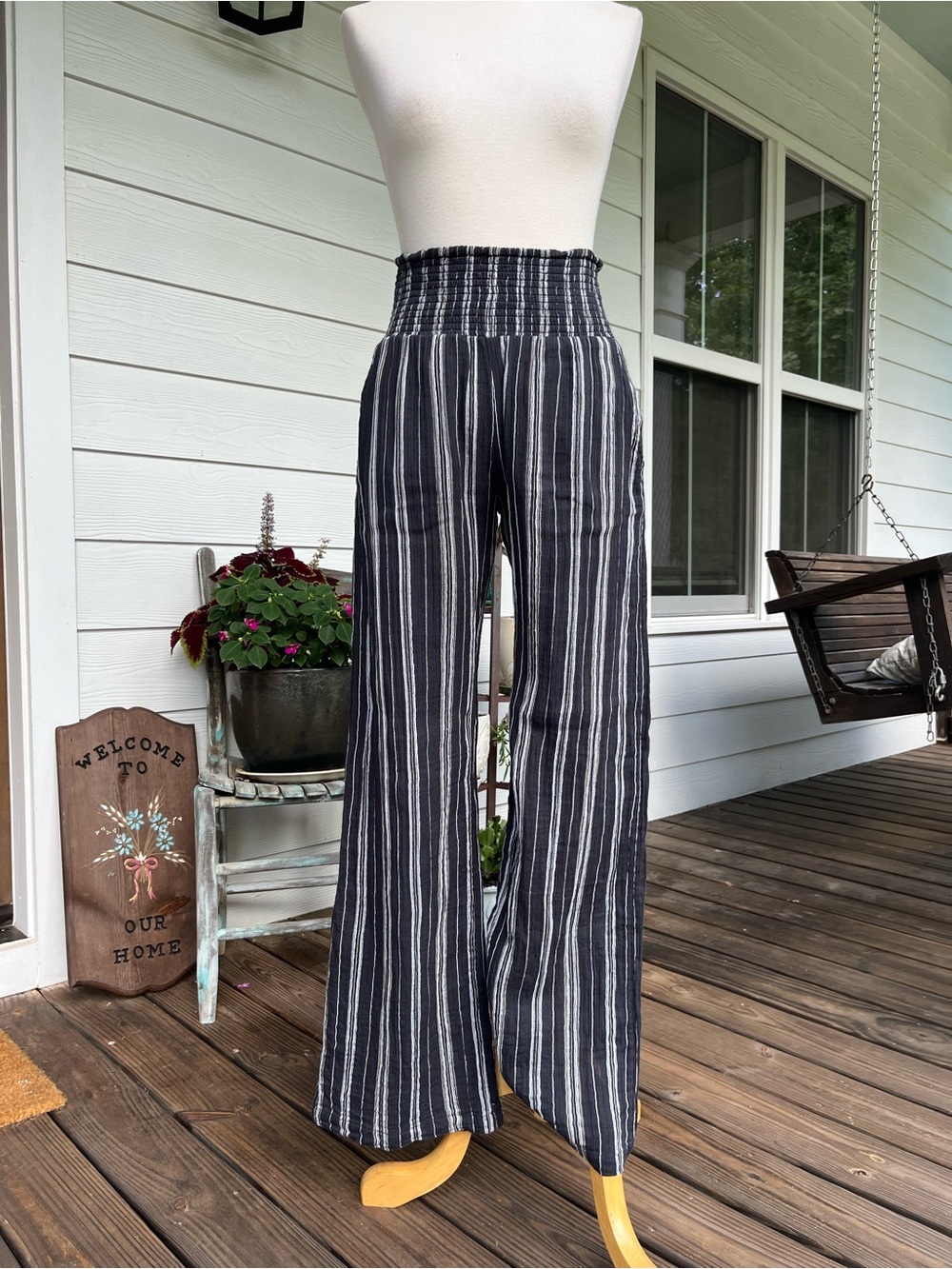 Billabong Wide Leg Striped Beach Pants - Smocked High Waist Boho